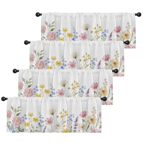 Emvency 4 Pack Valances Window Treatments Spring Wildflower Flower Blackout Adjustable for Living Room Bathroom Bedroom Kitchen Over Sink 52x18 Inch Rod Pocket Valances - Image 1