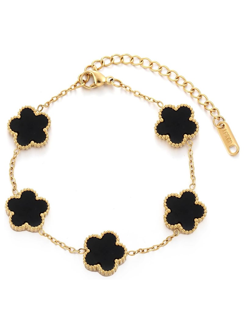 Julia Store 18K Gold Plated Stainless Steel Love Trendy Luxury Lucky Five Leaf Link Clover Rose Flower Bracelet for Women Bracelets Jewelry Gifts for Women Black - Image 1