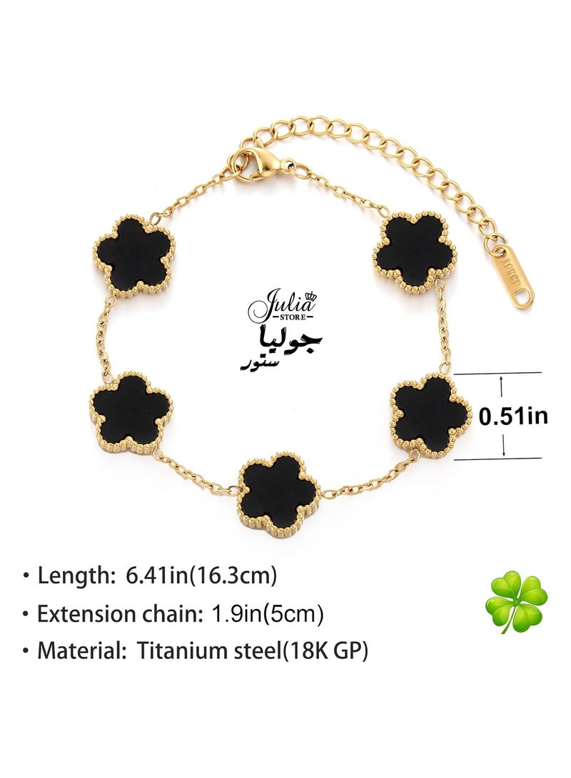 Julia Store 18K Gold Plated Stainless Steel Love Trendy Luxury Lucky Five Leaf Link Clover Rose Flower Bracelet for Women Bracelets Jewelry Gifts for Women Black - Image 2