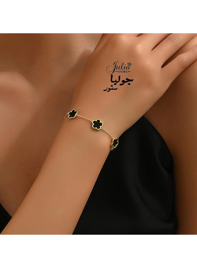 Julia Store 18K Gold Plated Stainless Steel Love Trendy Luxury Lucky Five Leaf Link Clover Rose Flower Bracelet for Women Bracelets Jewelry Gifts for Women Black - Image 3