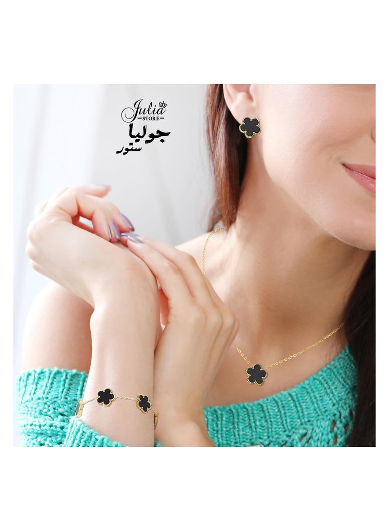 Julia Store 18K Gold Plated Stainless Steel Love Trendy Luxury Lucky Five Leaf Link Clover Rose Flower Bracelet for Women Bracelets Jewelry Gifts for Women Black - Image 4