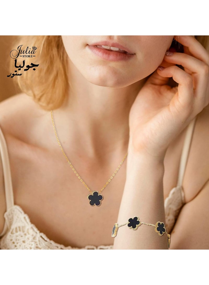 Julia Store 18K Gold Plated Stainless Steel Love Trendy Luxury Lucky Five Leaf Link Clover Rose Flower Bracelet for Women Bracelets Jewelry Gifts for Women Black - Image 5