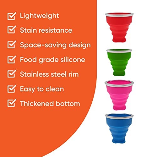 Gadgetime USA Collapsible Drinking Cup (Pack of 4) - Reusable Travel Mug - Silicone Drinking Glass for Hiking, Picnic, Camping & More - Small Portable cup for Outdoors - Folding Cups with Lids - Image 4