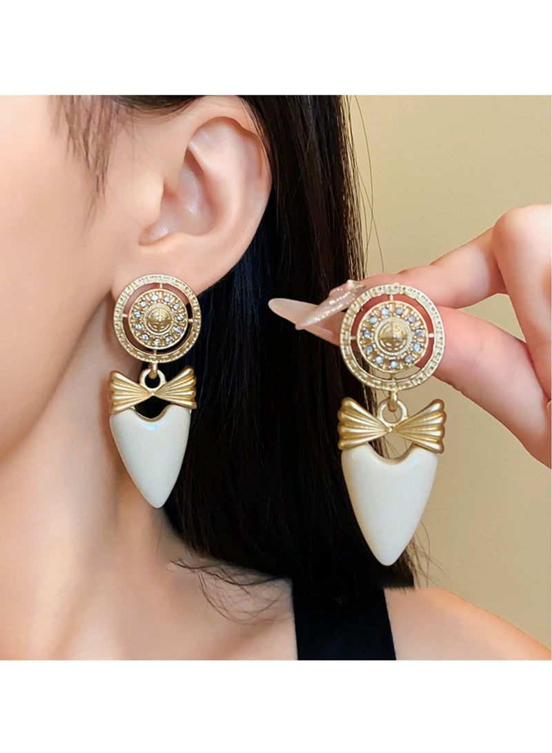 Medallion Bow Teardrop Earrings Gold‑Tone & Ivory Enamel with Rhinestone Halo, Perfect for Weddings, Eid, Office, Casual & Evening Events  - Image 1