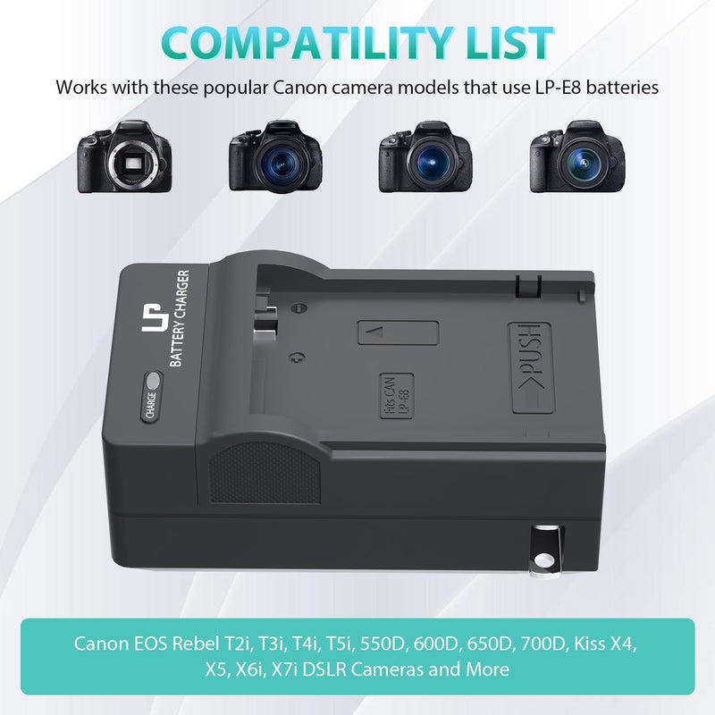 L & P -E8 Battery Charger, Charger Compatible with Canon EOS Rebel T2i, T3i, T4i, T5i, 550D, 600D, 650D, 700D, Kiss X4, X5, X6i, X7i Cameras & More (Not for T2 T3 T4 T5) - Image 2
