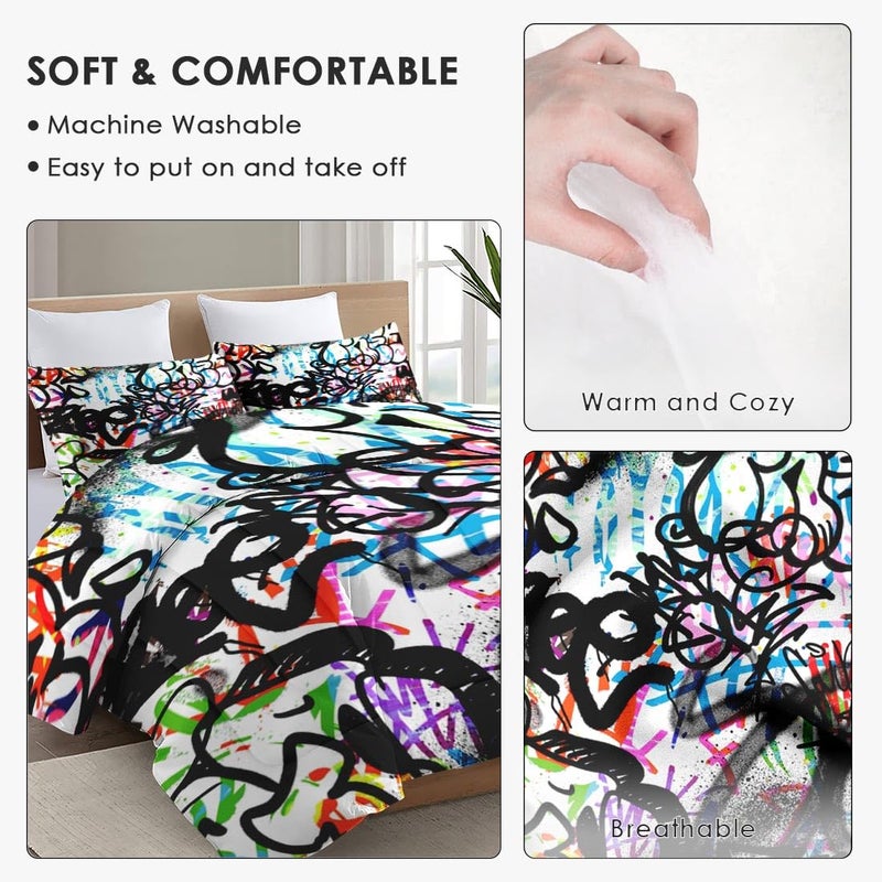 WeCozy Queen Size Comforter Set with 2 Pillowcases, Abstract Graffiti 3 Pcs Bedding for Kids and Adults, Urban Modern Fashion Soft Comforter Set for Bedroom Bed Decor - Image 5