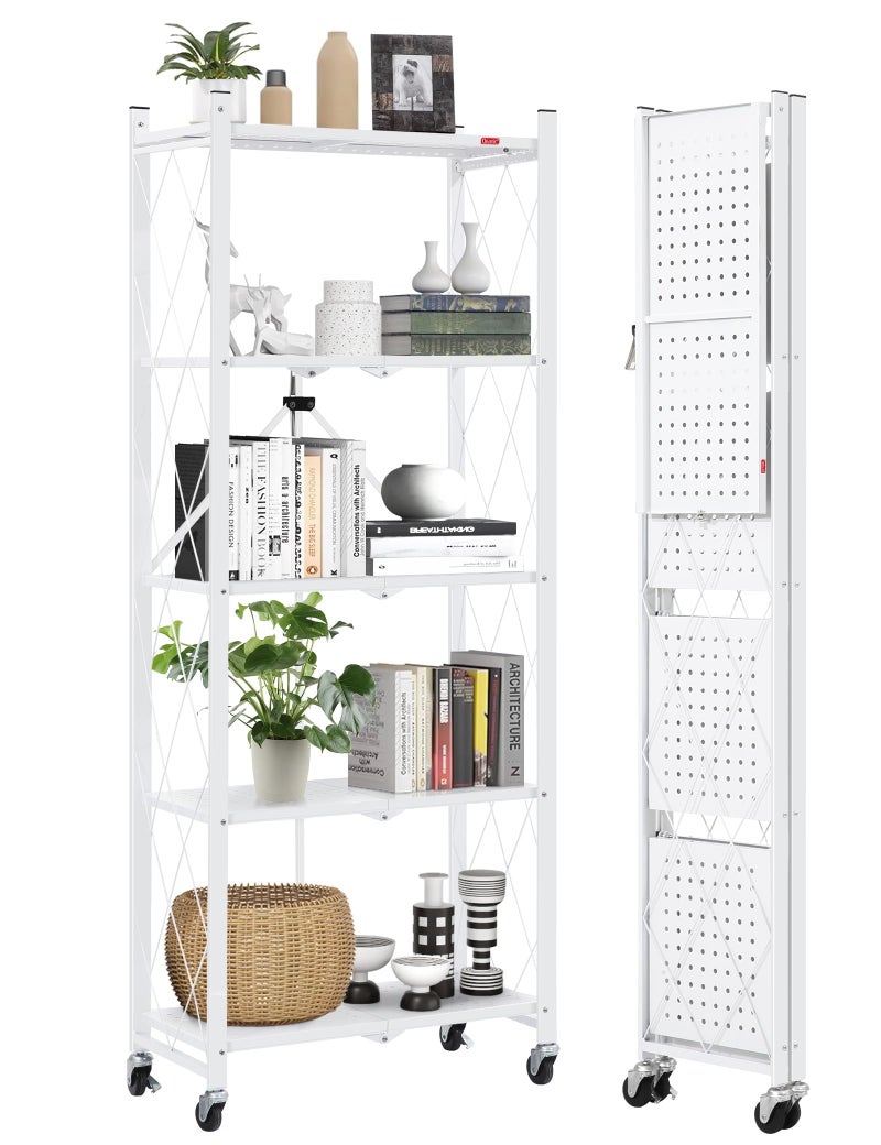 DEANIC 5-Shelf Folding Bookcase with Wheels, Rolling Bookshelf Heavy Duty Storage Shelves, Freestanding Metal Wire Shelving Unit for Living Room, Office, Kitchen, Basement, Pantry (White) - Image 1