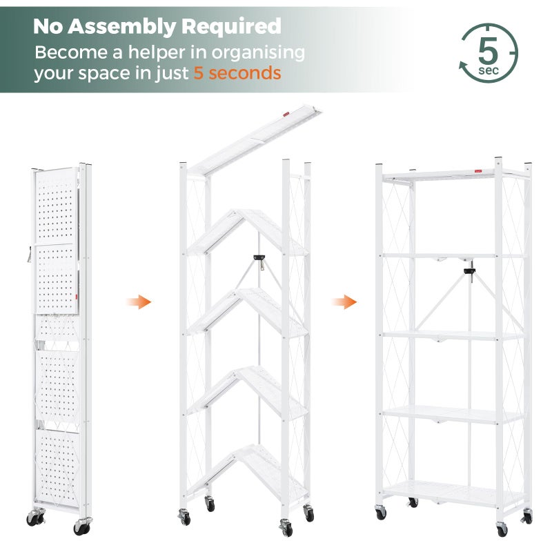 DEANIC 5-Shelf Folding Bookcase with Wheels, Rolling Bookshelf Heavy Duty Storage Shelves, Freestanding Metal Wire Shelving Unit for Living Room, Office, Kitchen, Basement, Pantry (White) - Image 3