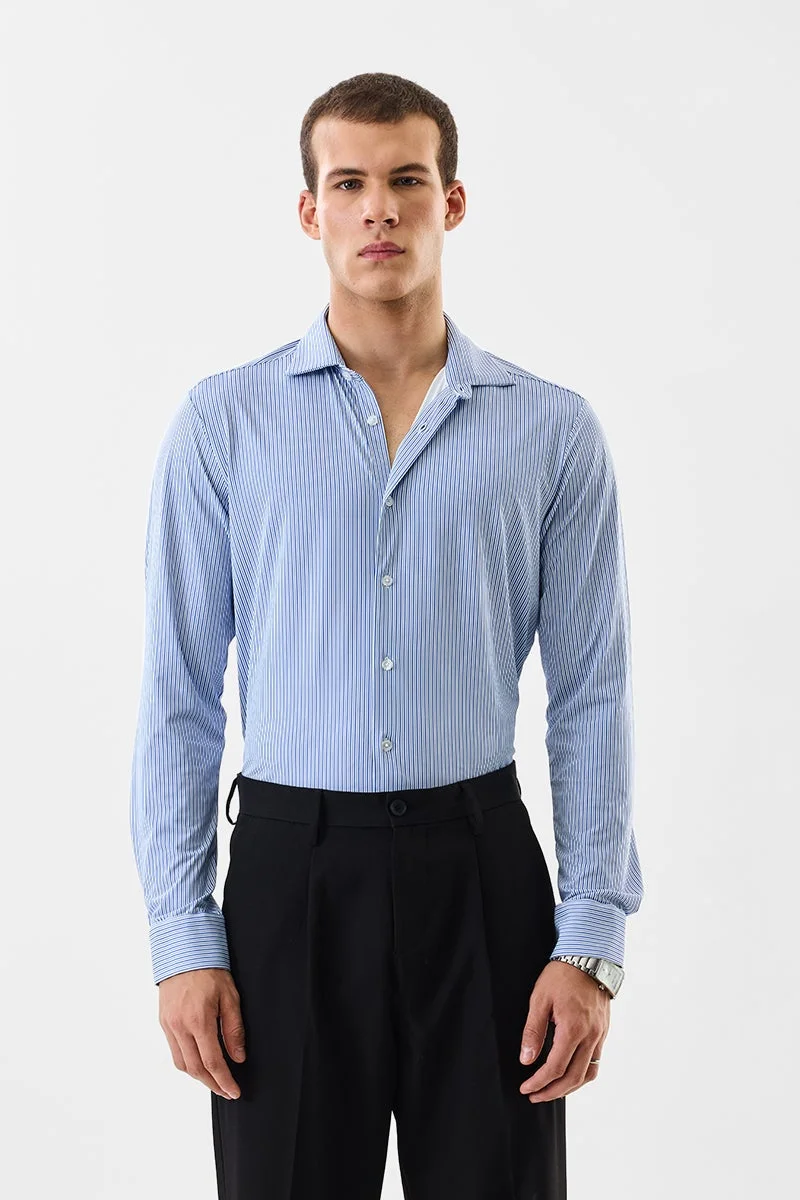 سنيتش Blue Striped Long Sleeve Slim Fit Shirt