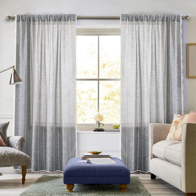 RoomTalks Charcoal Country Farmhouse Curtains for Bedroom Living Room 63'' Length Light Filtering Boho Chic Cabin Rustic Dark Gray Textured Window Curtain Panels with Tassels Bohemian Draperies - Image 1