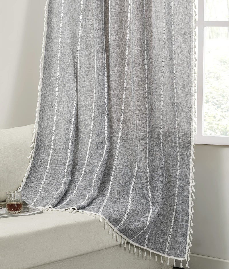 RoomTalks Charcoal Country Farmhouse Curtains for Bedroom Living Room 63'' Length Light Filtering Boho Chic Cabin Rustic Dark Gray Textured Window Curtain Panels with Tassels Bohemian Draperies - Image 2