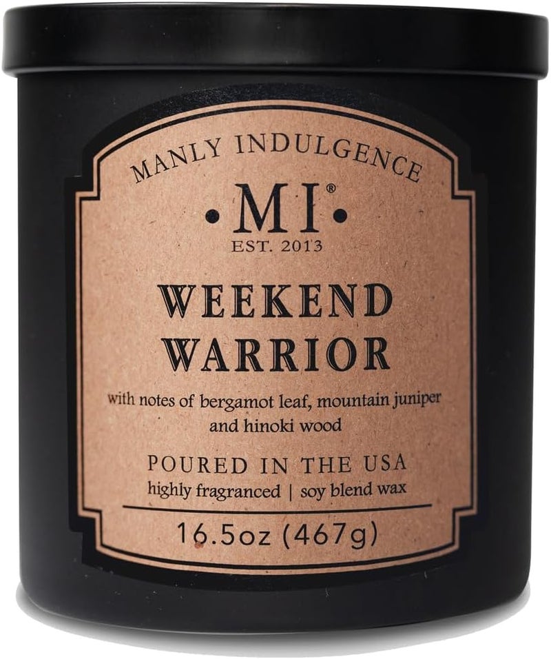 Manly Indulgence Weekend Warrior Scented Jar Candle, 2 Cotton Wicks, Premium Soy Blend White Wax, 60 hr Burn, Matte Black Jar Candle for Home and Men, 16.5 oz - USA Poured - Image 1