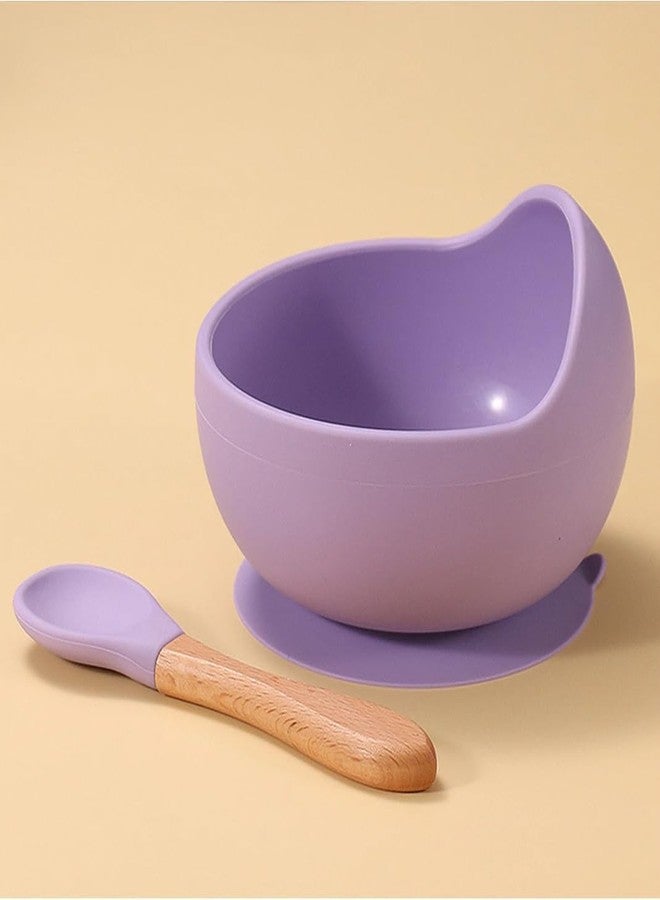 Dhyankeshwer Silicone Baby Feeding Bowl with Spoon Set | BPA Free Food Grade Suction Bowl with Wooden Handle Spoon | High Temperature Resistant Baby Bowl for Babies, Kids & Toddlers (Purple) - Image 3