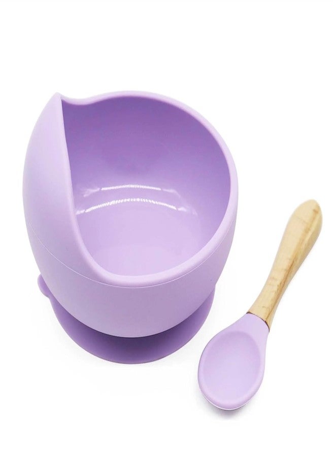 Dhyankeshwer Silicone Baby Feeding Bowl with Spoon Set | BPA Free Food Grade Suction Bowl with Wooden Handle Spoon | High Temperature Resistant Baby Bowl for Babies, Kids & Toddlers (Purple) - Image 1