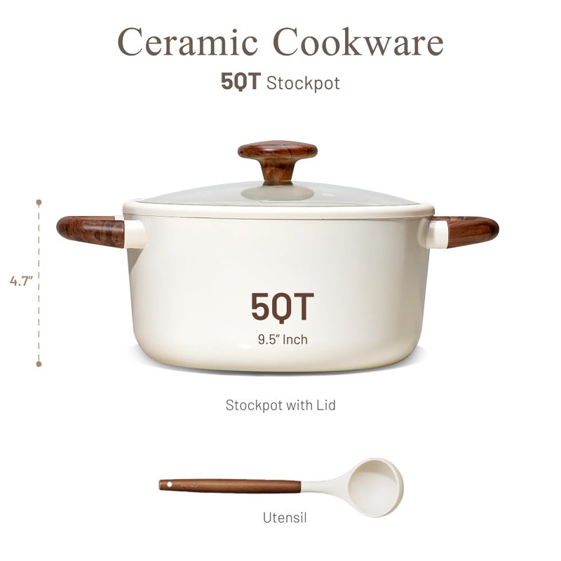 CAROTE 5QT Nonstick Stock Pot with Lid, 5 Quart Casserole with Ladle, Even Heating Stockpot, Fits All Stoves, Non Stick Big Cooking Pots PFOA Free, White - Image 2