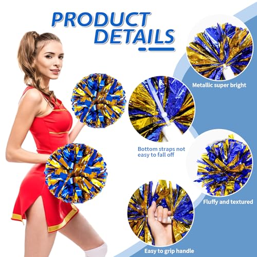 CREATIEE-PRO 4Pcs Metallic Cheerleading Pom Poms, Creatiee 2 Pair Cheerleader Cheering Squad Pompoms for School Sports Dance Games Team Spirit Cheer (Blue-Gold) - Image 2