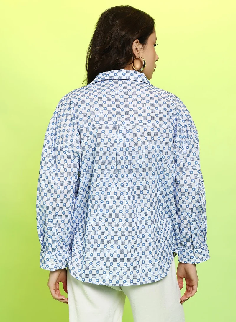 كامبوس سوترا Women's Chalk White:Prussian Blue Embroidered-Check Oversized Shirt