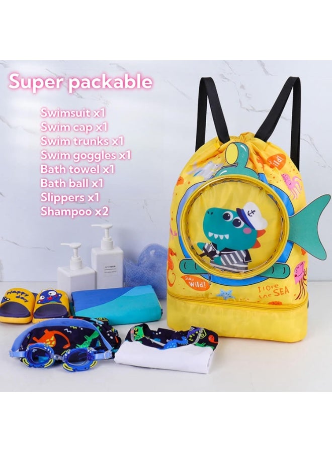 Gonice Dry Wet Separated Swim Bags for Kids, Waterproof Storage Bag with Independent Shoe Compartment for Boys & Girls, Portable Cartoon Design Drawstring Backpack for Swimming 42x28x10cm - Image 3