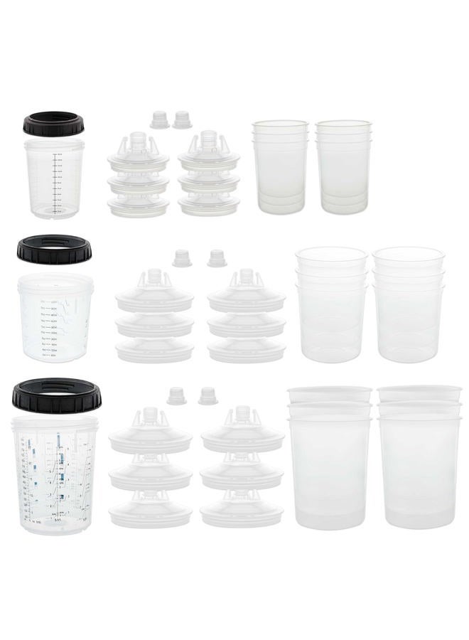 Master Airbrush Master Paint System 3 Cup Size 6 oz, 20 oz, 27 oz Variety Pack Set, MPS Disposable Paint Spray Gun Cup Liners and Lid System, 6 Pack Kit of Each Size, Lids with Strainers, Hard Cups, Retainer Rings - Image 1