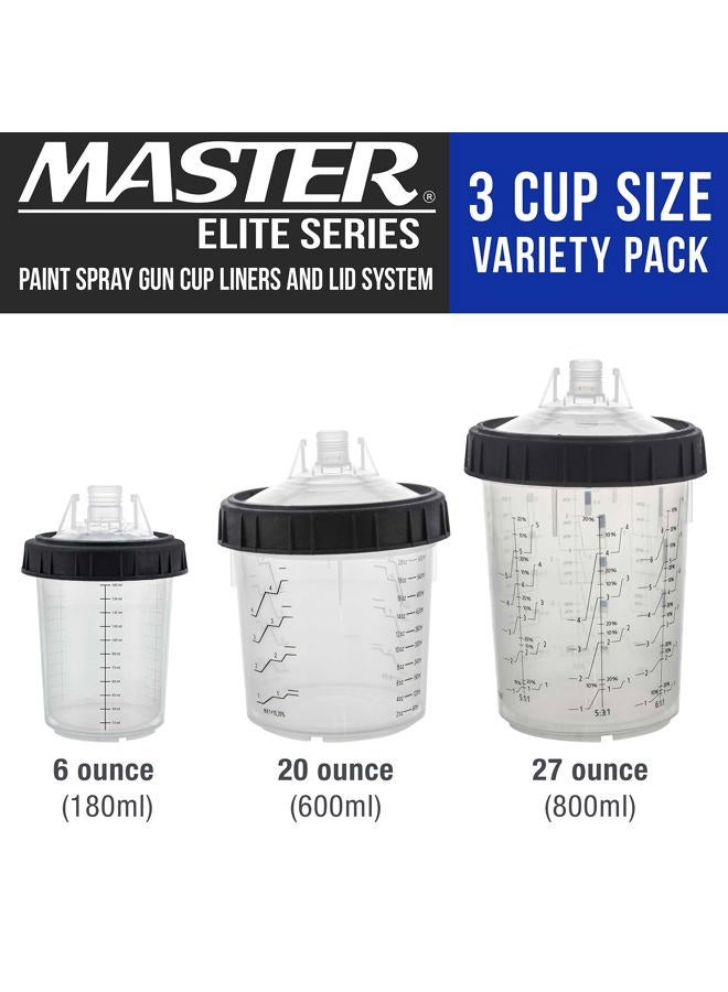 Master Airbrush Master Paint System 3 Cup Size 6 oz, 20 oz, 27 oz Variety Pack Set, MPS Disposable Paint Spray Gun Cup Liners and Lid System, 6 Pack Kit of Each Size, Lids with Strainers, Hard Cups, Retainer Rings - Image 2