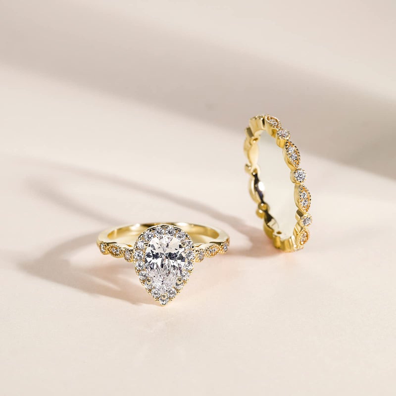 EAMTI 1.5CT 925 Sterling Silver Bridal Ring Sets 14K Gold Plated Teardrop CZ Engagement Vintage Pear Promise Rings Marquise Wedding Bands for Women Size 7 - Image 3