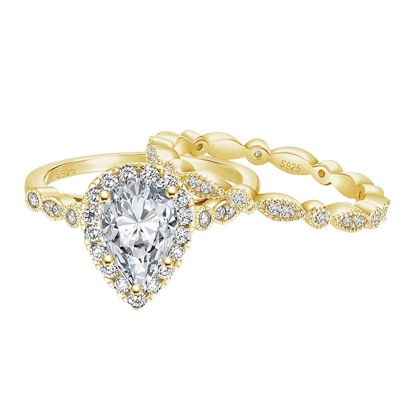 EAMTI 1.5CT 925 Sterling Silver Bridal Ring Sets 14K Gold Plated Teardrop CZ Engagement Vintage Pear Promise Rings Marquise Wedding Bands for Women Size 7 - Image 1