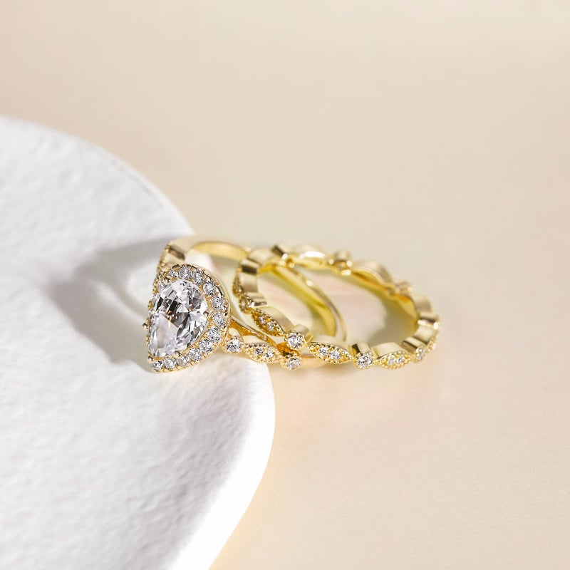 EAMTI 1.5CT 925 Sterling Silver Bridal Ring Sets 14K Gold Plated Teardrop CZ Engagement Vintage Pear Promise Rings Marquise Wedding Bands for Women Size 7 - Image 2
