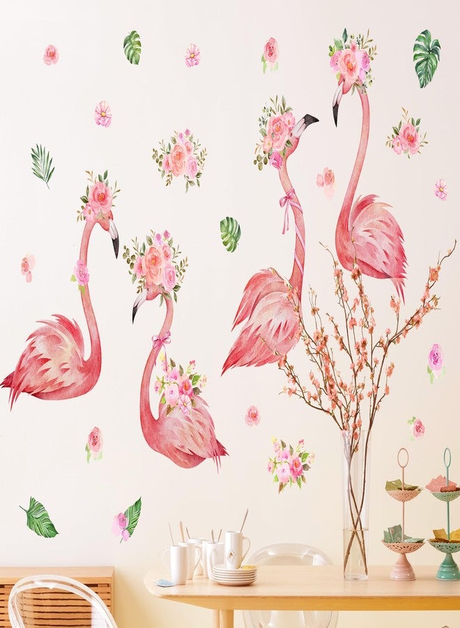 DRWSSR 3D Cartoon Animal Wall Decal - Pink Flamingo & Flowers - Removable DIY Wall Art - Perfect for Girls' Nursery, Bedroom, Living Room & Playroom - 2 Sheets (12X35inch) - Pink - Image 1