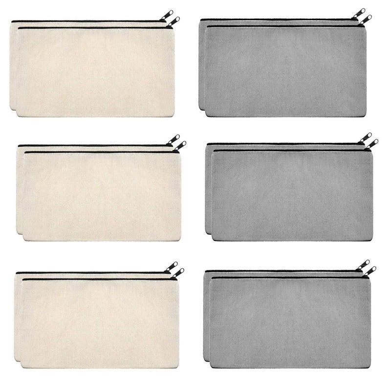 Lify DIY Craft Blank Bag Canvas Makeup Pencil Pouch with Zipper- Multipurpose Pen Pencil Case Cotton Canvas Cosmetic Bag Travel Cosmetic Bag, Stylish and Durable Pouch with Zipper -12 Piece Pack - Image 1