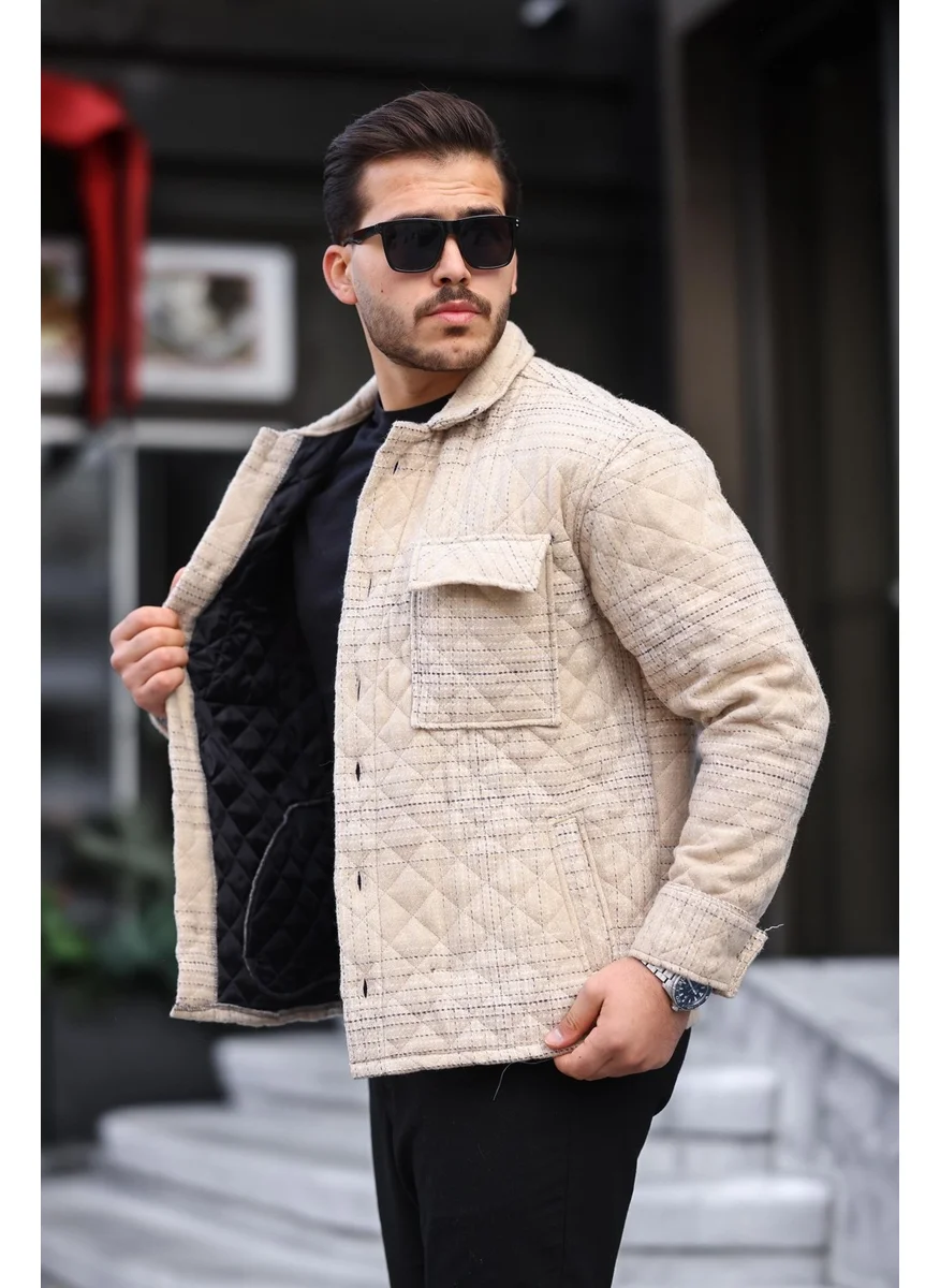 Miron Beige Striped Quilted Detail Regular Fit JACKET-2455