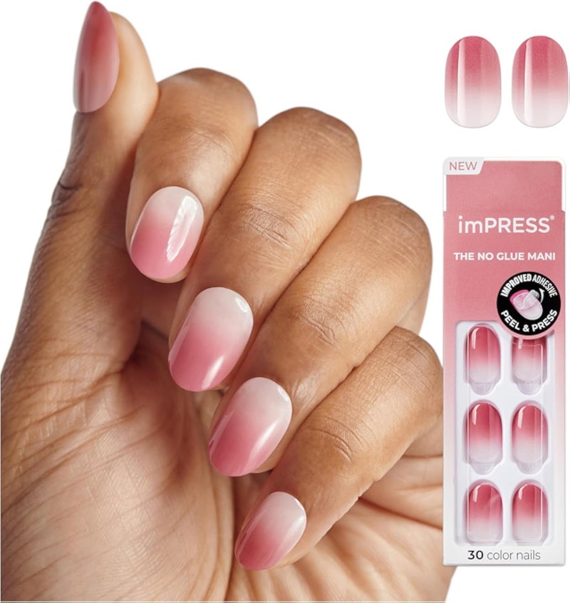أظافر KISS imPRESS اللاصقة "Beat The Heat" وردية قصيرة بيضاوية الشكل، غراء أظافر قوي حاصل على براءة اختراع، لا يتشقق، لا يتلطخ، 30 ظفر صناعي ذاتي اللصق