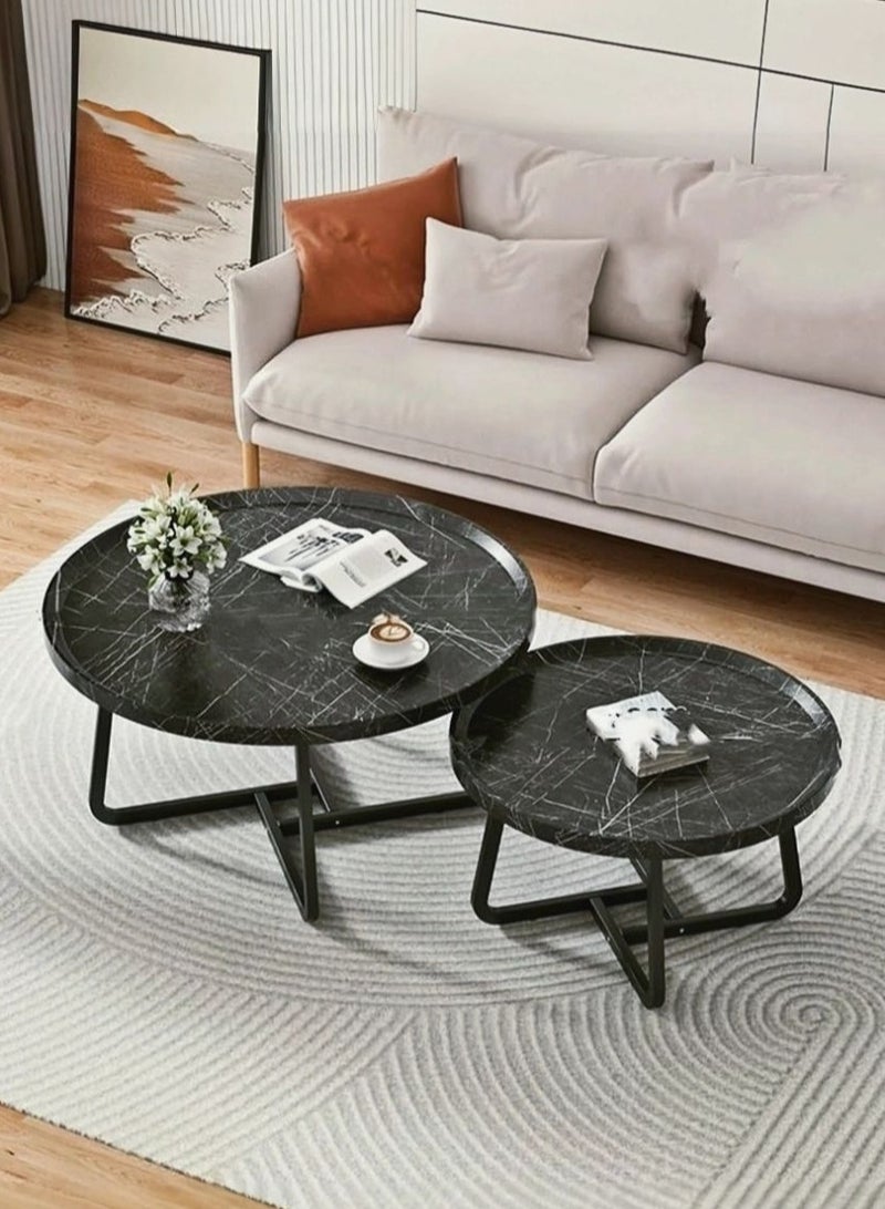 شو وو طاولة قهوة دائرية حديثة، مجموعة من 2 طاولة صغيرة من منتصف القرن، طاولة قهوة خشبية لغرفة المعيشة، غرفة النوم، الشرفة، الفناء، أسود، 50+70 سم - Image 1