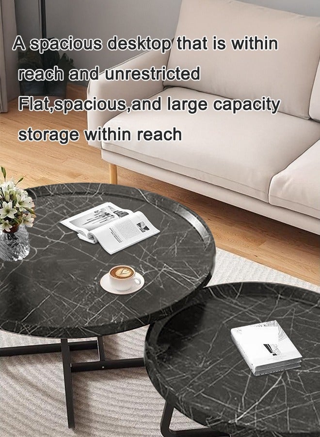 شو وو طاولة قهوة دائرية حديثة، مجموعة من 2 طاولة صغيرة من منتصف القرن، طاولة قهوة خشبية لغرفة المعيشة، غرفة النوم، الشرفة، الفناء، أسود، 50+70 سم - Image 2