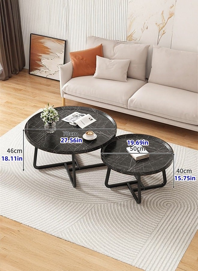 شو وو طاولة قهوة دائرية حديثة، مجموعة من 2 طاولة صغيرة من منتصف القرن، طاولة قهوة خشبية لغرفة المعيشة، غرفة النوم، الشرفة، الفناء، أسود، 50+70 سم - Image 3