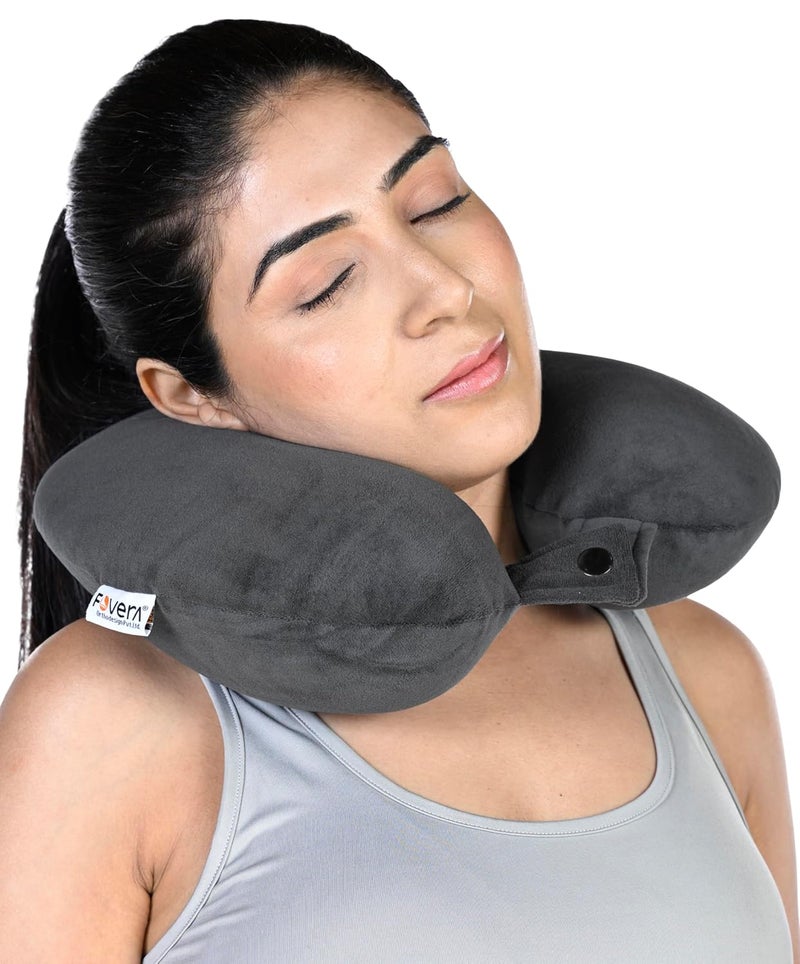 FOVERA Memory Foam Neck Rest Pillow for Neck Support, Travel Pillow for Resting in Flight, Car, Train and Bus (Velvet Dark Grey, Pack of 1) - Image 1