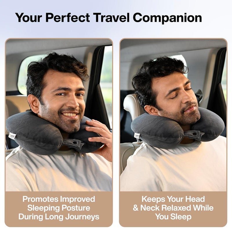 FOVERA Memory Foam Neck Rest Pillow for Neck Support, Travel Pillow for Resting in Flight, Car, Train and Bus (Velvet Dark Grey, Pack of 1) - Image 4