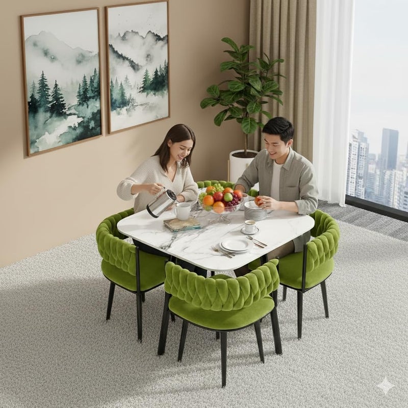 Harmony Home - 5-Piece Dining Table Set - 4 Velvet Chairs and 1 Marble Top Table - Scratch-Resistant Easy to Clean Compact Nordic Design for Kitchen Apartment and Living Room - Olive Green - Image 4