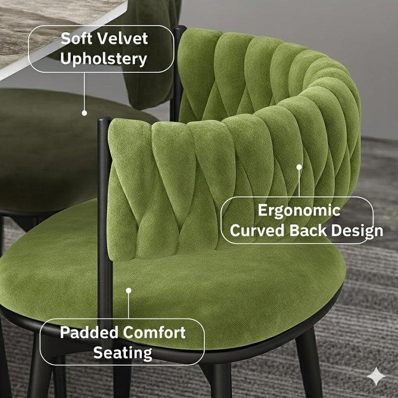 Harmony Home - 5-Piece Dining Table Set - 4 Velvet Chairs and 1 Marble Top Table - Scratch-Resistant Easy to Clean Compact Nordic Design for Kitchen Apartment and Living Room - Olive Green - Image 2