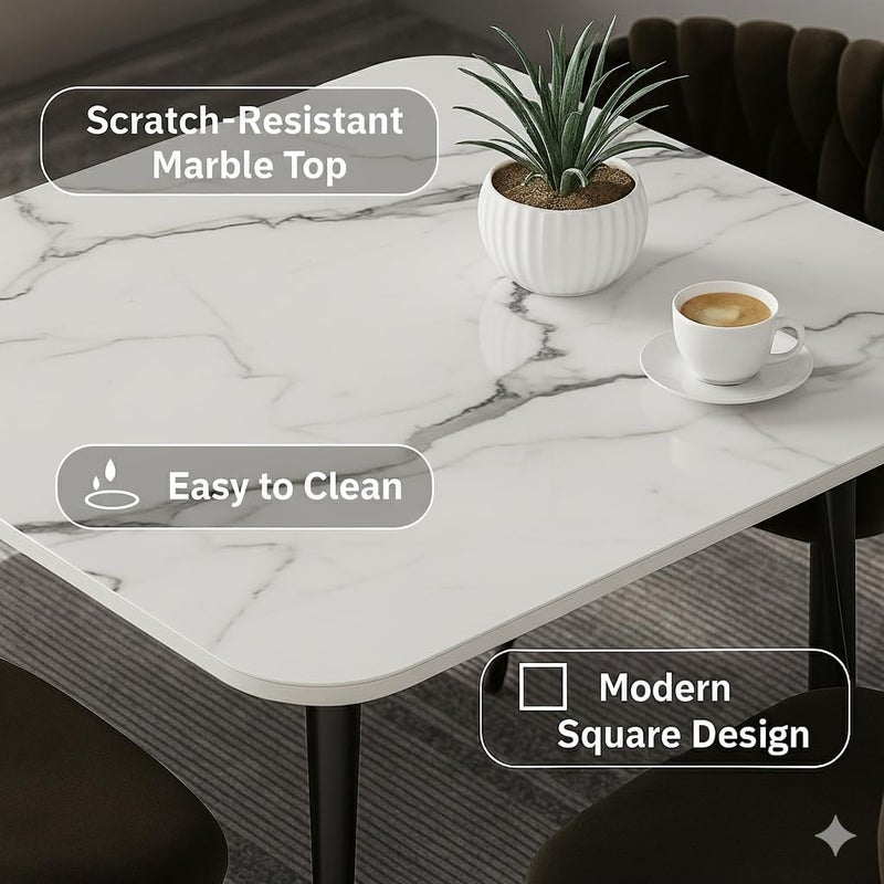 Harmony Home - 5-Piece Dining Table Set - 4 Velvet Chairs and 1 Marble Top Table - Scratch-Resistant Easy to Clean Compact Nordic Design for Kitchen Apartment and Living Room - Olive Green - Image 3