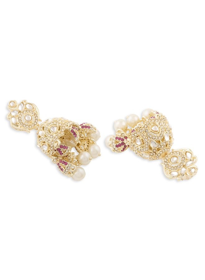 Zaveri Pearls أقراط جومكي متدلية مرصعة بألماس نمساوي وردي لامع من زافيري بيرلز للنساء - ZPFK21166 - Image 5