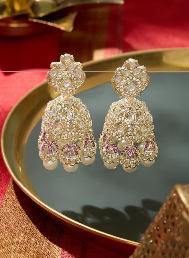 Zaveri Pearls أقراط جومكي متدلية مرصعة بألماس نمساوي وردي لامع من زافيري بيرلز للنساء - ZPFK21166 - Image 3
