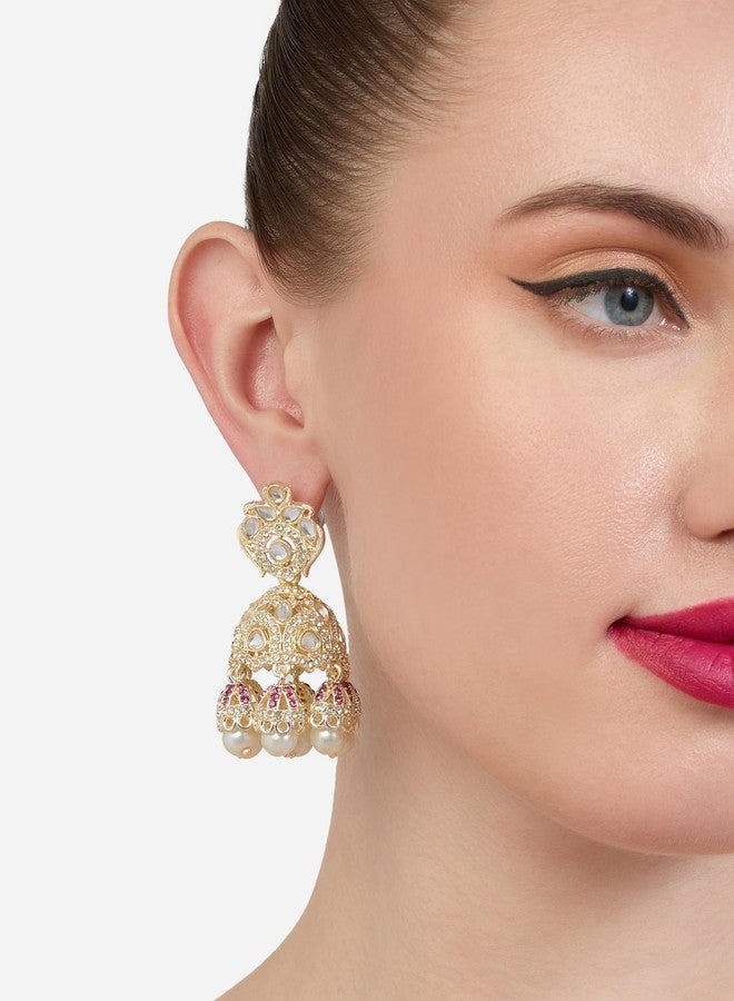 Zaveri Pearls أقراط جومكي متدلية مرصعة بألماس نمساوي وردي لامع من زافيري بيرلز للنساء - ZPFK21166 - Image 2