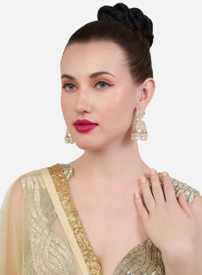 Zaveri Pearls أقراط جومكي متدلية مرصعة بألماس نمساوي وردي لامع من زافيري بيرلز للنساء - ZPFK21166 - Image 4