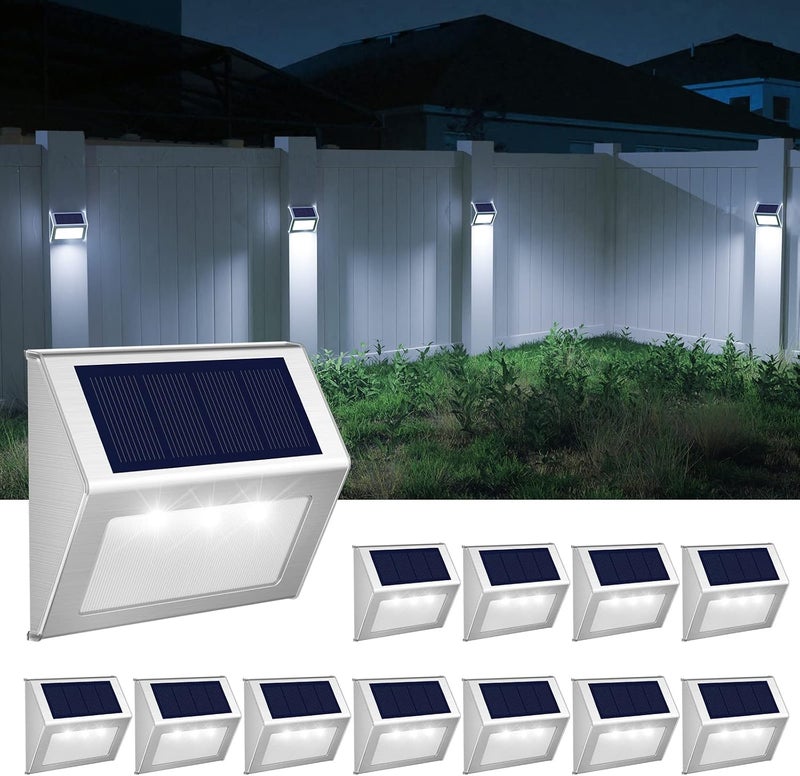 JSOT Outdoor Fence Lights,12 Pack Solar Powered Deck Lights Waterproof Stairs Light Stainless Steel Security Wall Lamps for Step Walkway Patio Garden Pathway - Cool White - Image 1