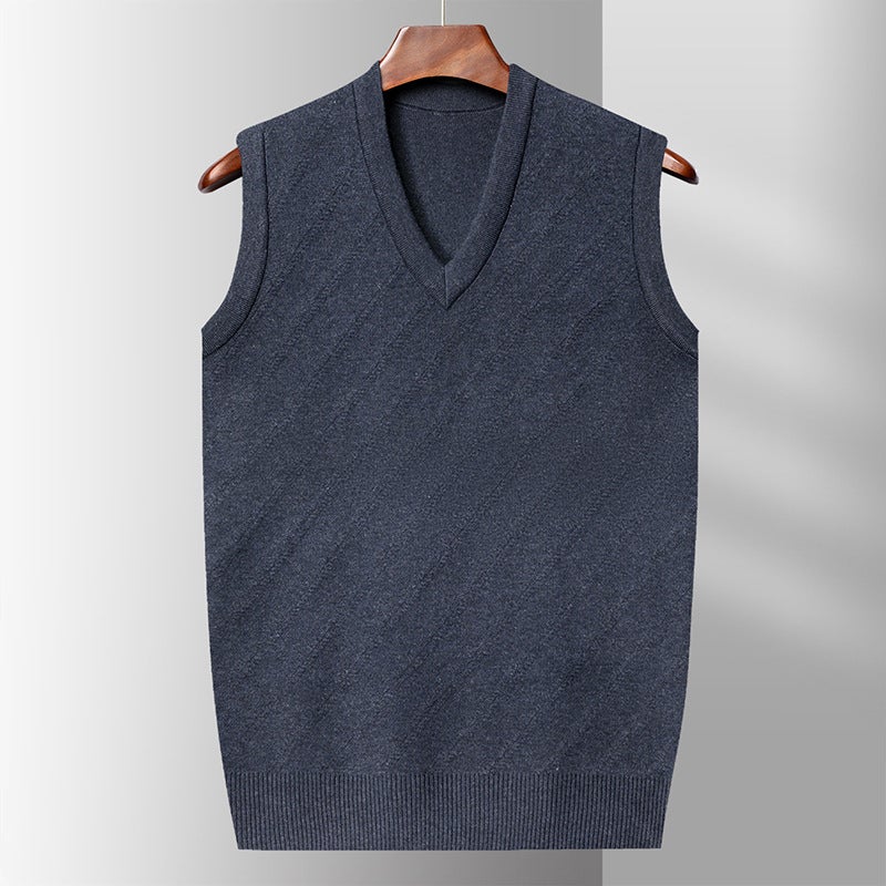 2023 mens autumn and winter New Fashion vest woolen sweater bright warm sweater mens wool flower version V-neck back Light gray - Image 2