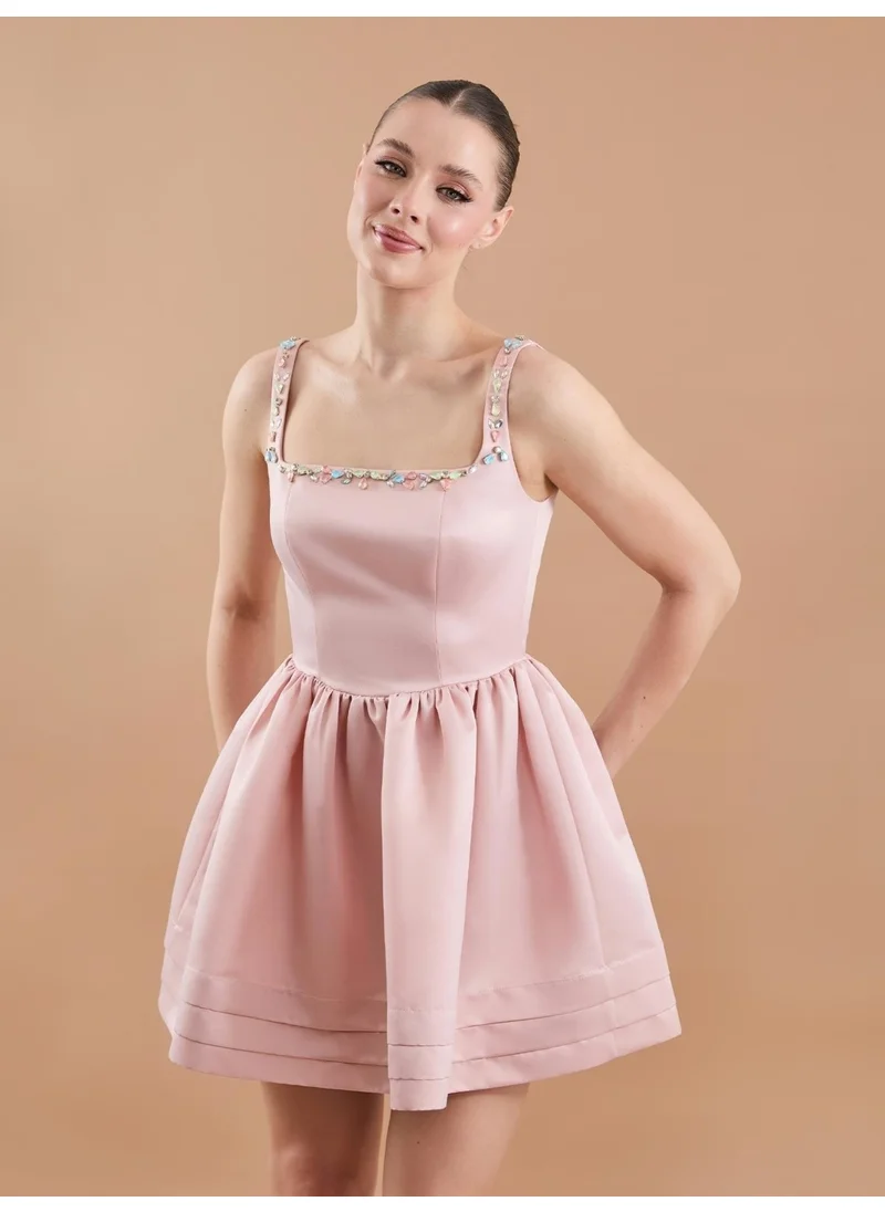 جاستي Satin Hand Embroidered Flared Mini Dress Powder