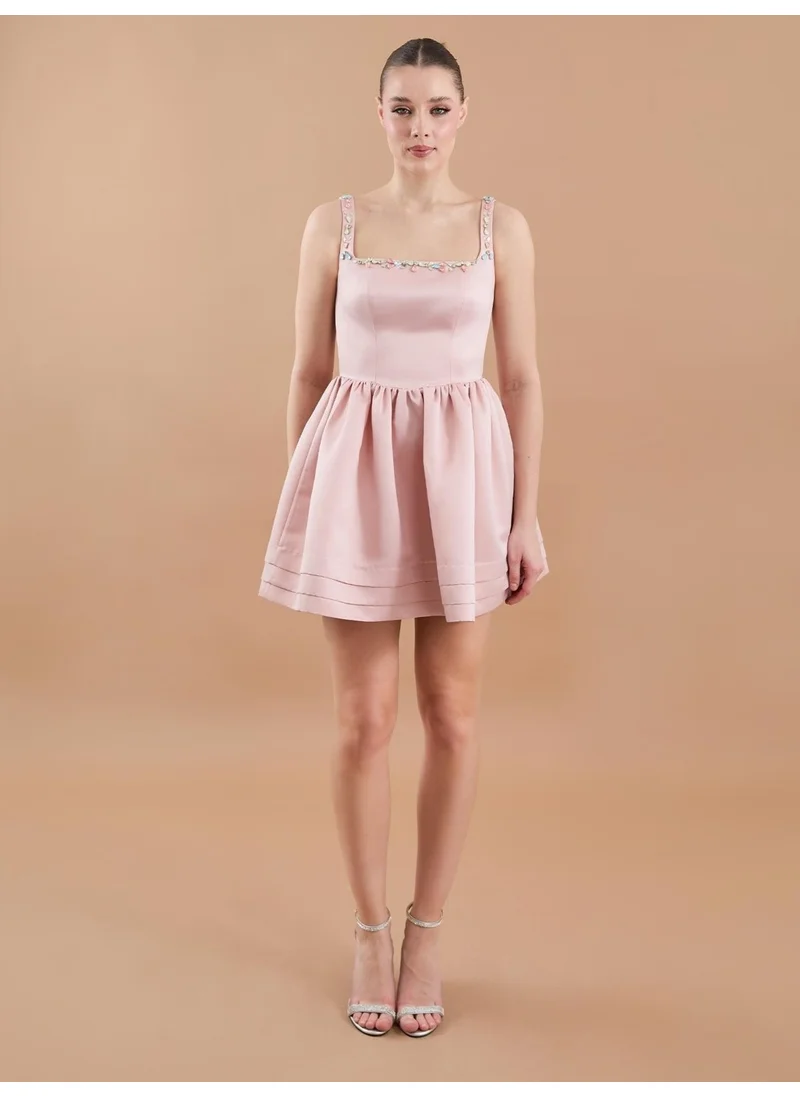 جاستي Satin Hand Embroidered Flared Mini Dress Powder