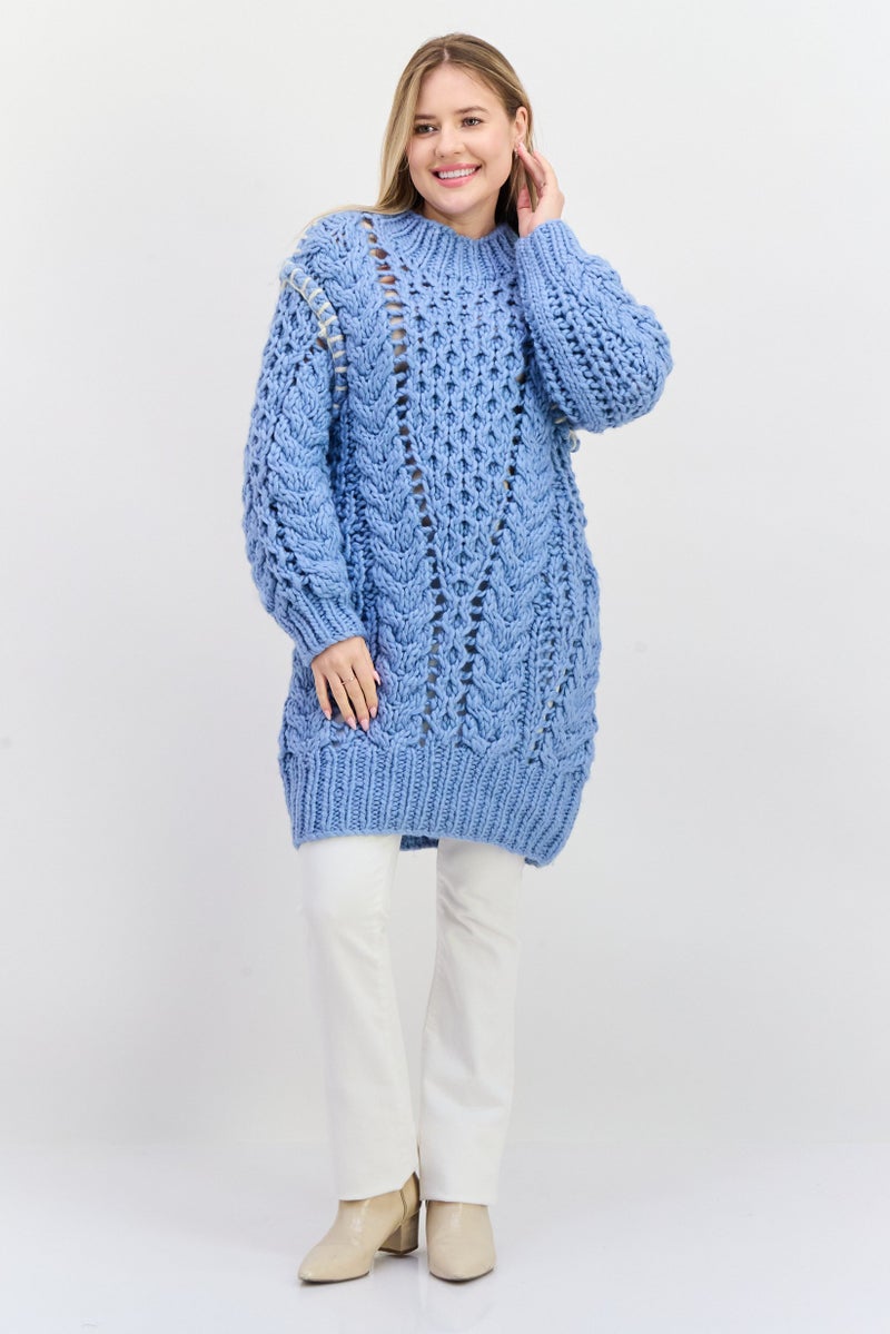 Reserved Women Crew Neck Textured Sweater, Blue - Image 4