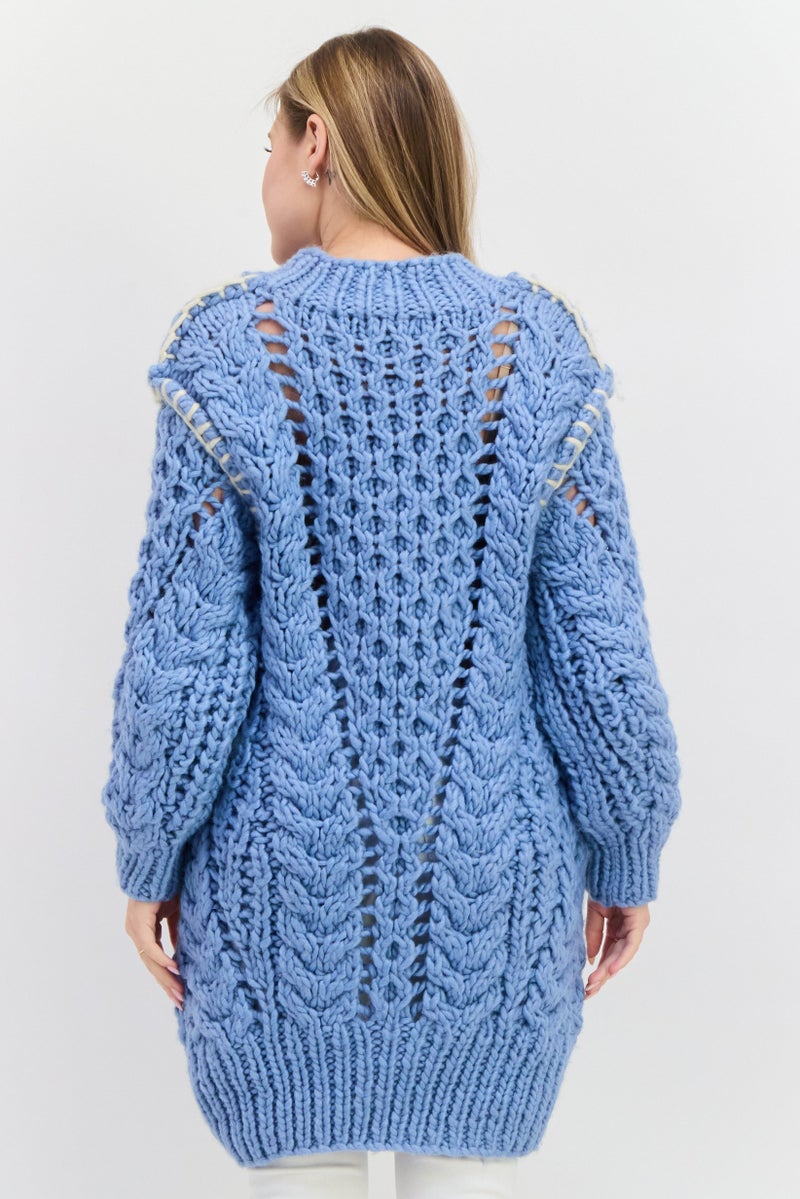 Reserved Women Crew Neck Textured Sweater, Blue - Image 3