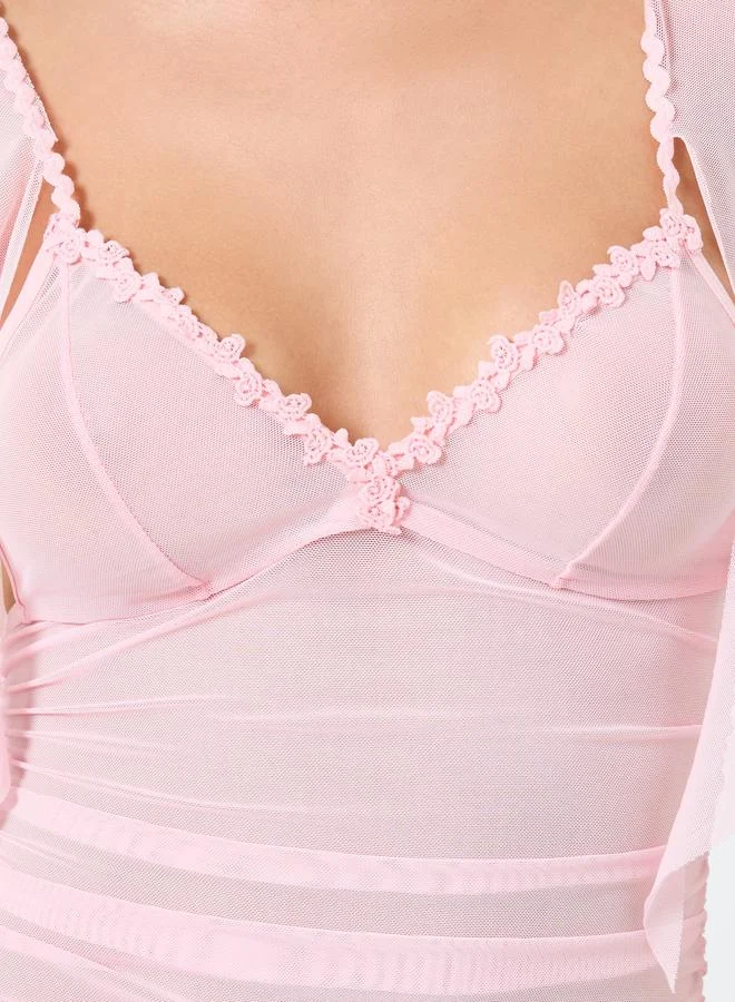 Take Two  Ruffle Hem Detail Mesh Slip with Brief Set for Women | Best Price UAE